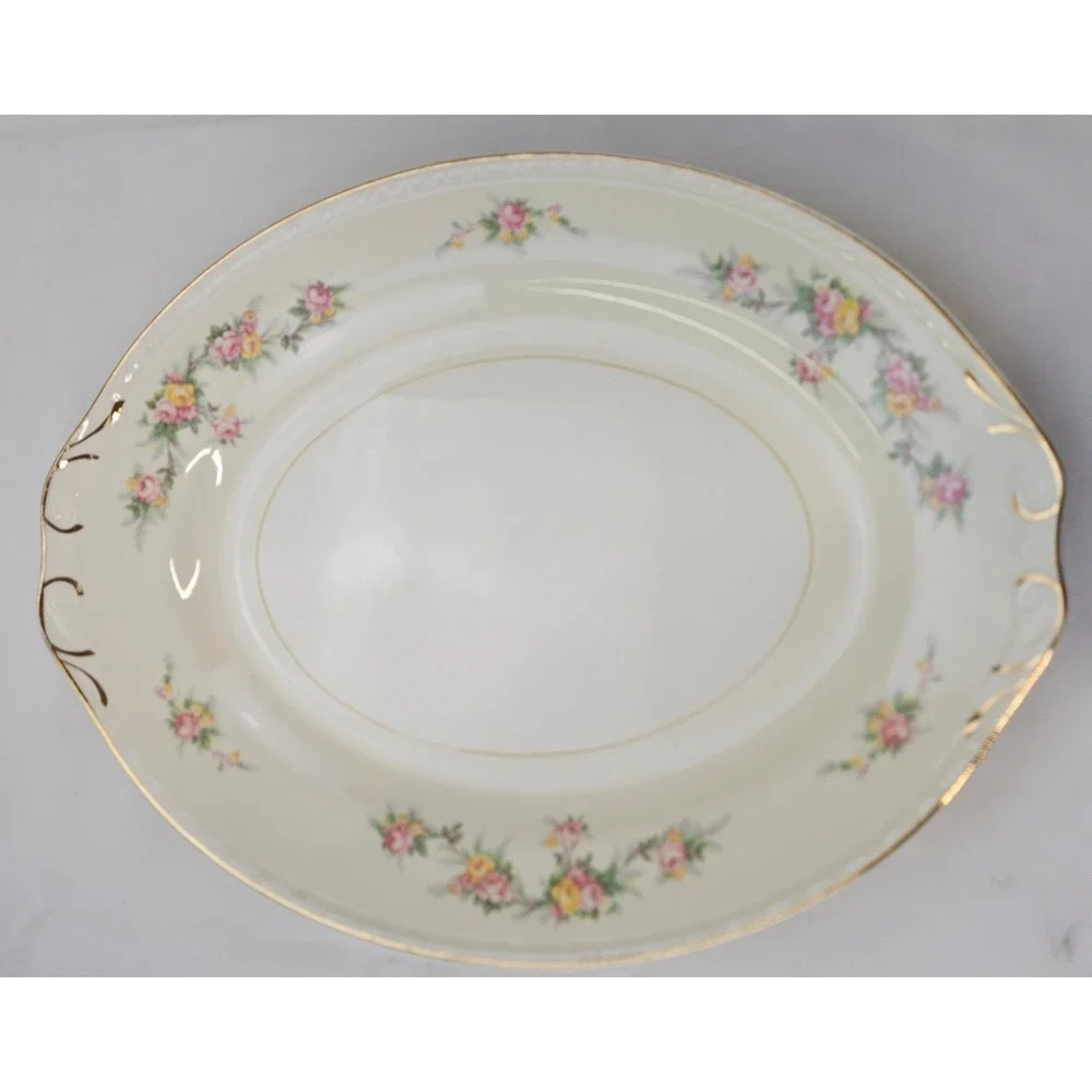 Vtg Homer Laughlin Eggshell Georgian Floral Oval Serving Platter Gold Trim J47N5